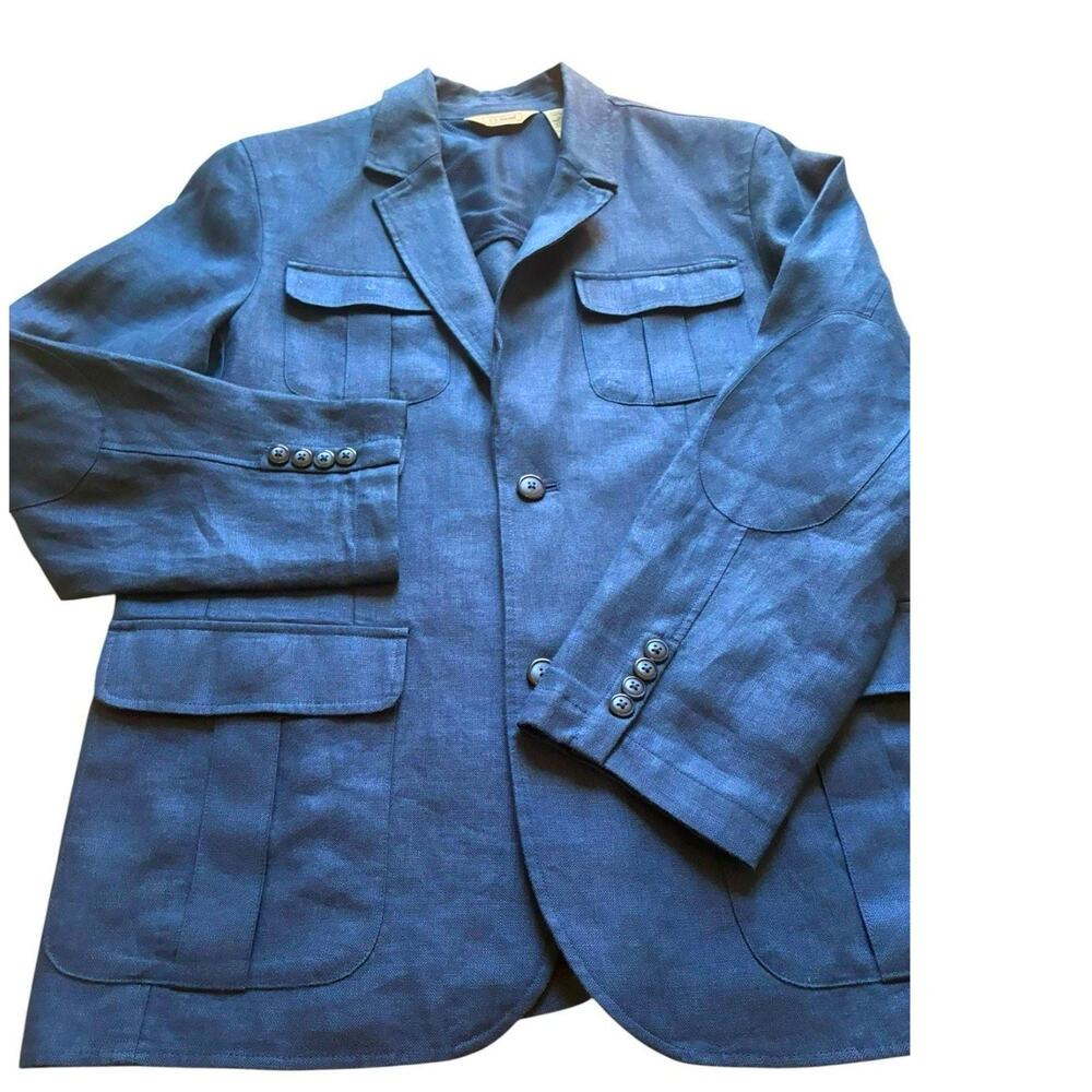 VTG LL Bean LINEN Jacket Men 42 Reg Field Safari Chore Coat Blazer Elbow Patches - Picture 5 of 16